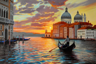 Painting titled "Sunset in Venice" by Serghei Ghetiu, Original Artwork, Oil Mounted on Wood Stretcher frame
