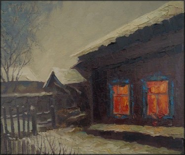Картина под названием "Зимняя теплая ночь…" - Sergik, Подлинное произведение искусства, Масло