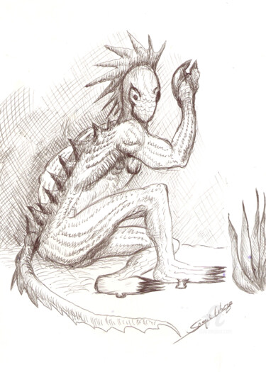 Desenho intitulada "Un ser reptiliano" por Sergio Cabeza, Obras de arte originais, Canetac de aerossol