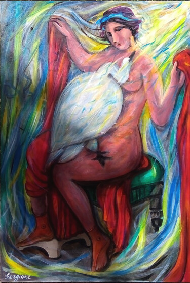 Pittura intitolato "Leda e il cigno di…" da Sergio Carcereri, Opera d'arte originale, Olio