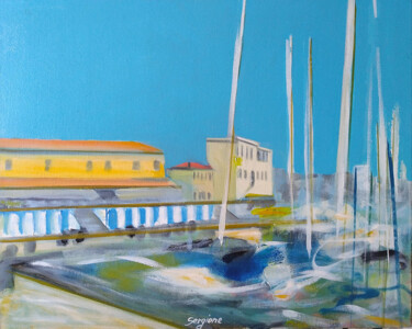 Painting titled "Il vecchio porto a…" by Sergio Carcereri, Original Artwork, Oil Mounted on Wood Stretcher frame