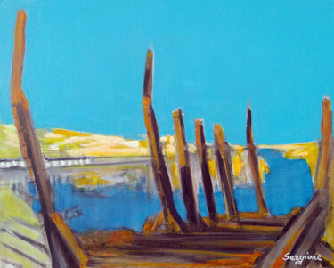 Painting titled "Porto vecchio a San…" by Sergio Carcereri, Original Artwork, Oil Mounted on Wood Stretcher frame