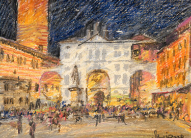 Painting titled "Notturno di Piazza…" by Sergio Carcereri, Original Artwork, Oil
