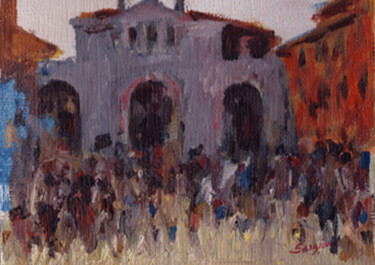 Pittura intitolato "Movimento in Piazza…" da Sergio Carcereri, Opera d'arte originale, Olio