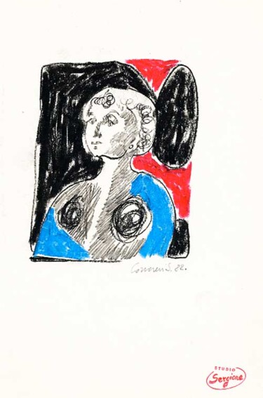 Disegno intitolato "Ritrattino rosso e…" da Sergio Carcereri, Opera d'arte originale, Tempera