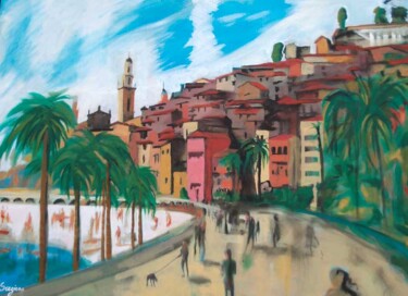 Painting titled "Menton (60 x 80 )" by Sergio Carcereri, Original Artwork, Oil Mounted on Wood Stretcher frame