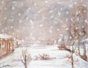 Pittura intitolato "Nevicata a Susano" da Sergio Carcereri, Opera d'arte originale, Olio Montato su Telaio per barella in le…