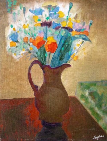 Painting titled "Vaso con fiori" by Sergio Carcereri, Original Artwork, Oil Mounted on Wood Stretcher frame