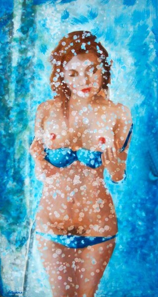 Pittura intitolato "doccia pudica" da Sergio Carcereri, Opera d'arte originale, Olio Montato su Pannello di legno