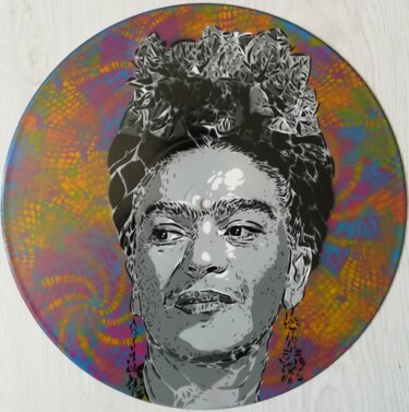 Malerei mit dem Titel "Frida kahlo vinyl" von Sérgio Clemente, Original-Kunstwerk, Sprühfarbe