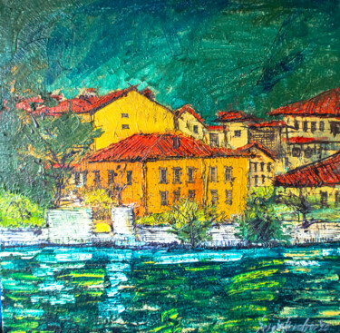 Painting titled "city above the water" by Sergio Kovalov, Original Artwork, Oil