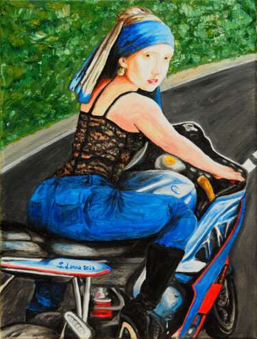 Painting titled "The she biker with…" by Sergio Lanna (Sir Joe), Original Artwork, Oil Mounted on Wood Stretcher frame