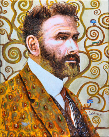 Schilderij getiteld "Klimt portrait" door Sergio Lanna (Sir Joe), Origineel Kunstwerk, Olie Gemonteerd op Frame voor houten…