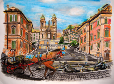 Картина под названием "Piazza di Spagna" - Sergio Lanna (Sir Joe), Подлинное произведение искусства, Акварель