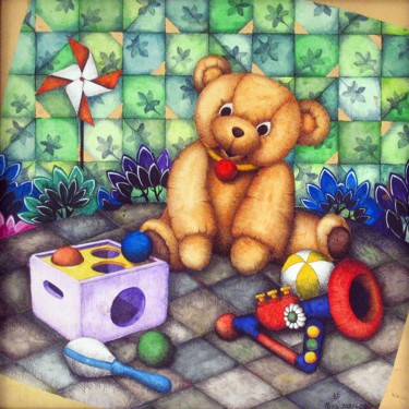 Painting titled "Toys 2021-08" by Sergio Milani, Original Artwork, Watercolor Mounted on Wood Panel