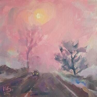Painting titled "Foggy winter day on…" by Sergiu Moise, Original Artwork, Oil Mounted on Wood Stretcher frame