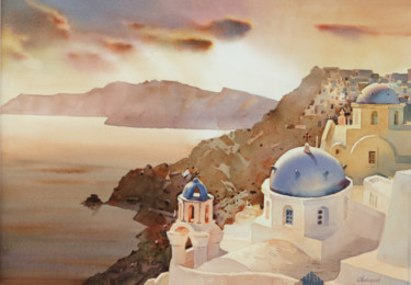 Painting titled "SANTONI AFTER SUNSET" by Sergiy Oleksa, Original Artwork, Watercolor