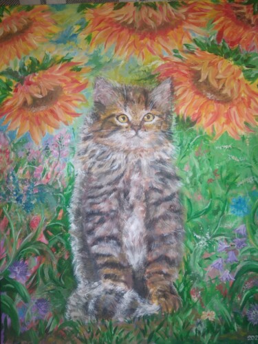 Schilderij getiteld "Кот в подсолнухах" door Sergiy Tsymbalov, Origineel Kunstwerk, Acryl