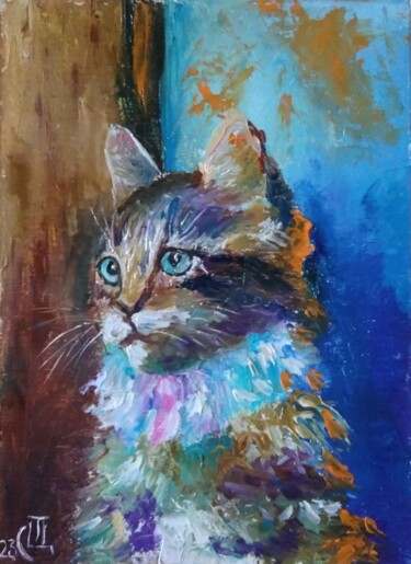 Painting titled "Painting "Cat"." by Sergiy Tsymbalov, Original Artwork, Oil