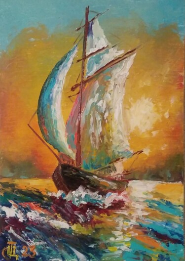 Pittura intitolato "Painting "Sailboat"." da Sergiy Tsymbalov, Opera d'arte originale, Olio