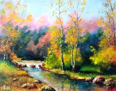 Painting titled ""Autumn River"" by Sergiy Tsymbalov, Original Artwork, Oil