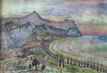 Картина под названием "Набережная с кипари…" - Серджио Софронофф, Подлинное произведение искусства, Акварель