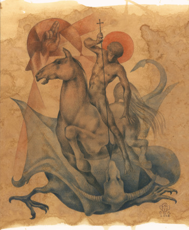 Schilderij getiteld "St.George" door Serg Louki, Origineel Kunstwerk, Aquarel Gemonteerd op Karton