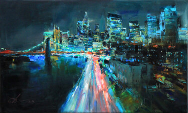 Painting titled "Night in New York" by Serhii Cherniakovskyi Serhii Cherniakovskyi, Original Artwork, Oil Mounted on Wood St…