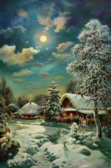 Malarstwo zatytułowany „Moonlit Winter Night” autorstwa Serhii Kapran, Oryginalna praca, Olej