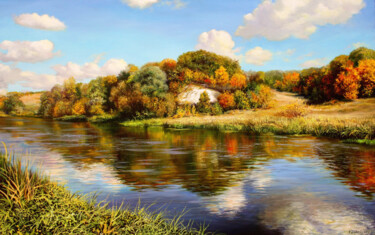 Картина под названием "Golden Autumn on th…" - Serhii Kapran, Подлинное произведение искусства, Масло