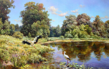 Pintura intitulada "Storks on the Lake" por Serhii Kapran, Obras de arte originais, Óleo