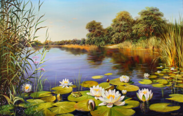 Painting titled "Water Lilies on the…" by Serhii Kapran, Original Artwork, Oil