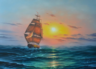 Pittura intitolato ""Sunrise over the s…" da Serhii Stoev, Opera d'arte originale, Olio