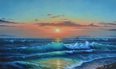 Schilderij getiteld "Mesmerizing sea" door Serhii Stoev, Origineel Kunstwerk, Olie