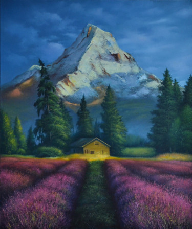 Schilderij getiteld "Lavender field" door Serhii Stoev, Origineel Kunstwerk, Olie