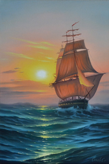 Malerei mit dem Titel "Morning at sea" von Serhii Stoev, Original-Kunstwerk, Öl