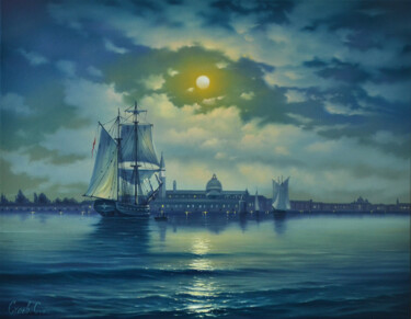 Pittura intitolato "Venice on a moonlit…" da Serhii Stoev, Opera d'arte originale, Olio