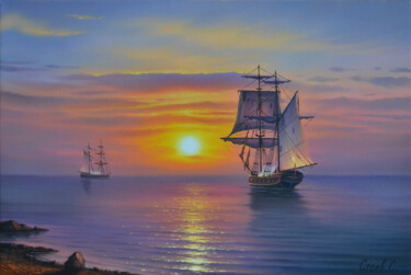 Картина под названием "Dawn over the sea." - Serhii Stoev, Подлинное произведение искусства, Масло