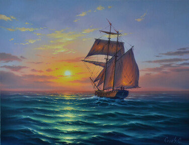 Schilderij getiteld "Sunrise over the sea" door Serhii Stoev, Origineel Kunstwerk, Olie