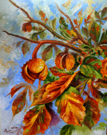 Painting titled "Autumn chestnuts" by Serhii Voichenko, Original Artwork, Oil