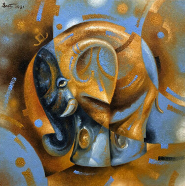 Painting titled "ROUND ELEPHANT SQUA…" by Serhii Voichenko, Original Artwork, Oil