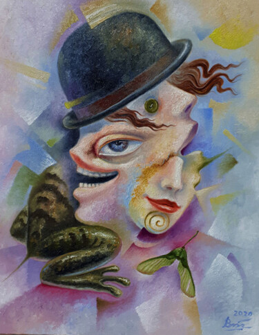 Картина под названием "Tiger Frog in a Bow…" - Serhii Voichenko, Подлинное произведение искусства, Масло