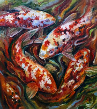 Картина под названием "Koi in dark water" - Serhii Voichenko, Подлинное произведение искусства, Масло