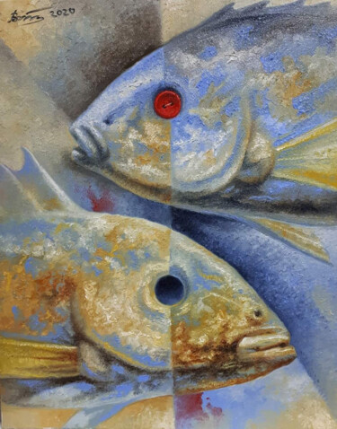 Painting titled "Golden Fish Wish" by Serhii Voichenko, Original Artwork, Oil