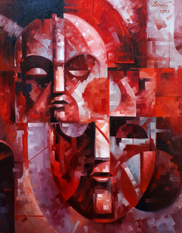 Painting titled "Masks in Red" by Serhii Voichenko, Original Artwork, Oil