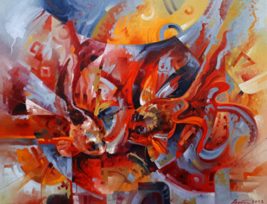 Картина под названием "Goldfish in a round…" - Serhii Voichenko, Подлинное произведение искусства, Масло