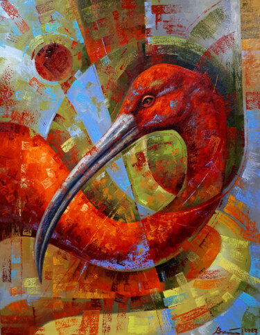 Peinture intitulée "RED IBIS" par Serhii Voichenko, Œuvre d'art originale, Huile