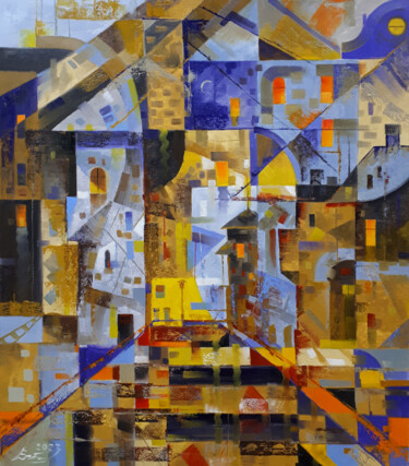 Картина под названием "Old town in the eve…" - Serhii Voichenko, Подлинное произведение искусства, Масло