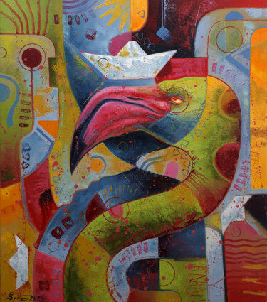 Pittura intitolato "Captain Flamingo" da Serhii Voichenko, Opera d'arte originale, Olio