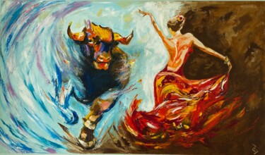 Painting titled "dangerous tango" by Serhii Zarichniuk, Original Artwork, Oil Mounted on Wood Stretcher frame